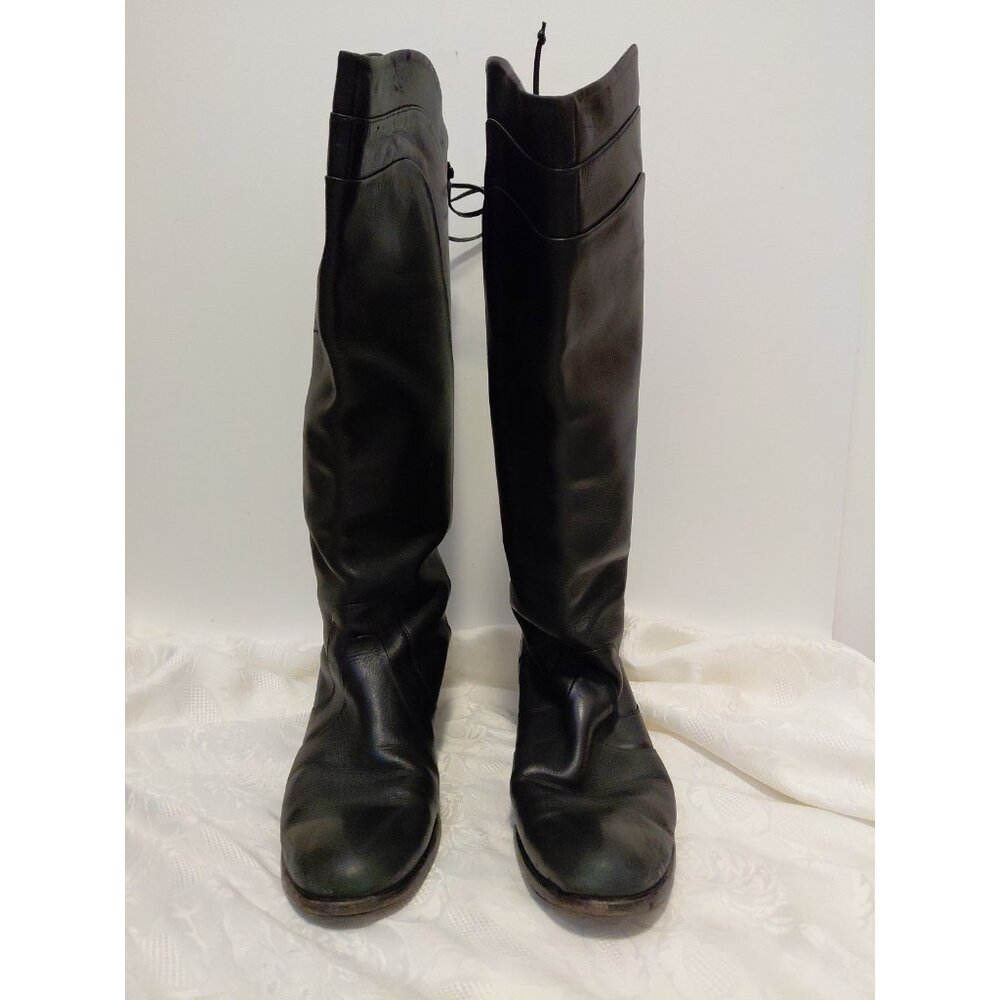 Salvatore Ferragamo Boots Leather Tall Riding Lace Up Valentino Black 11B